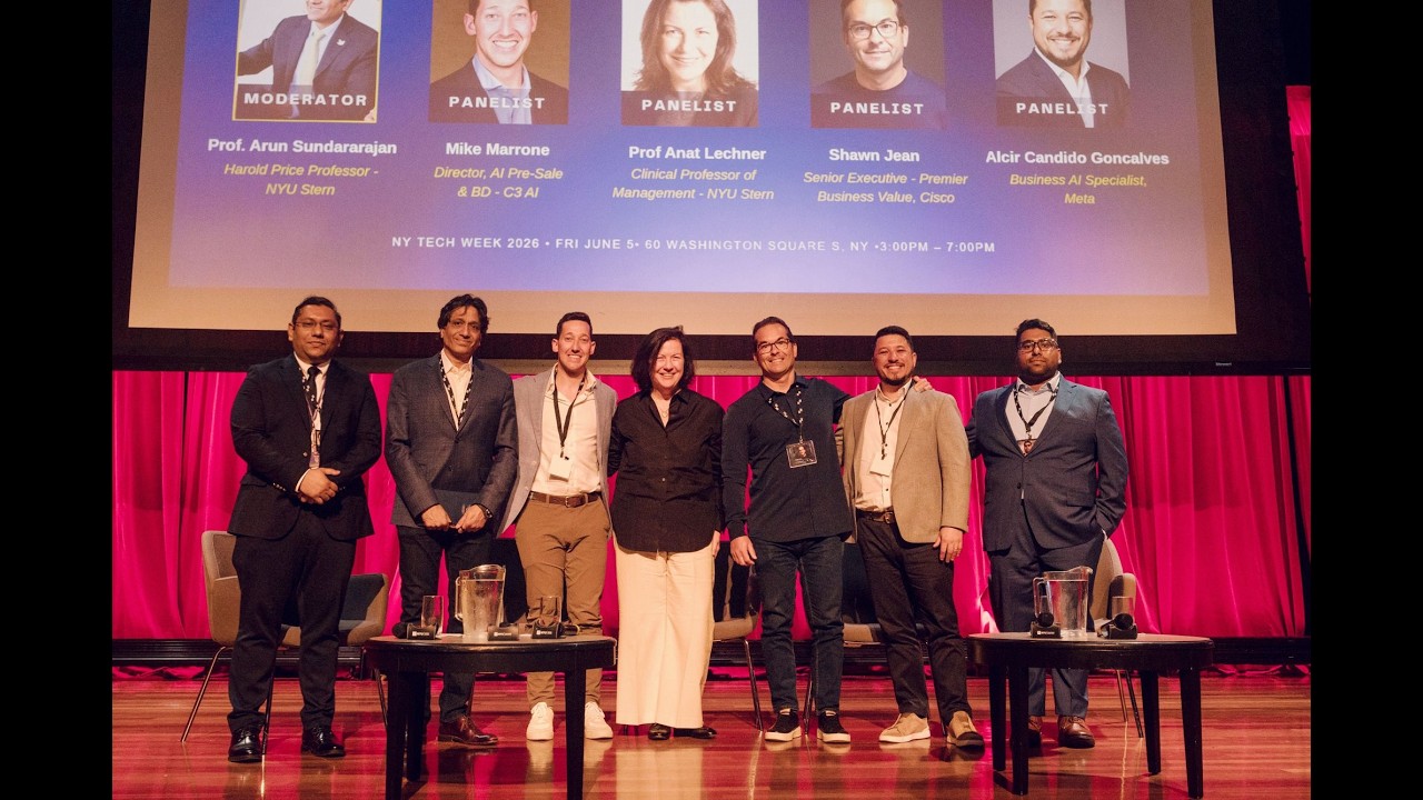 The Beyond Automation panel on stage at NY Tech Week 2026, the screen behind it naming the NYU Stern moderator and panelists from C3 AI, NYU Stern, Cisco, and Meta